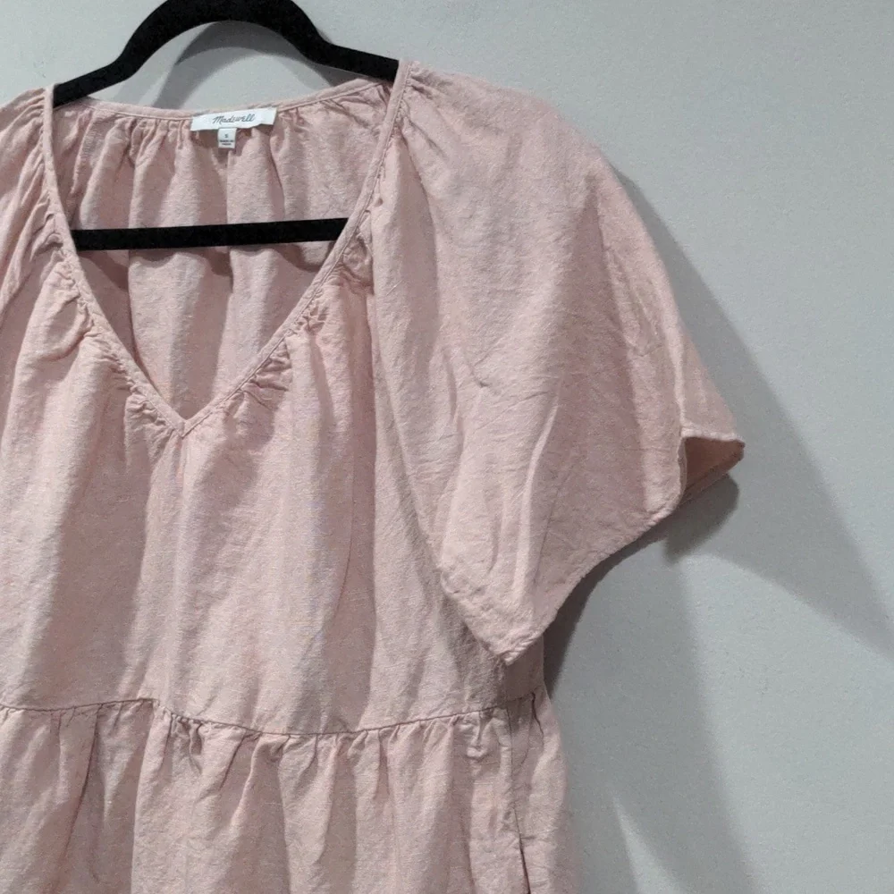 Madewell Linen Blend Lorelei Small Mini Dress Pink V-neck Tiered Summer Boho - Picture 4 of 7